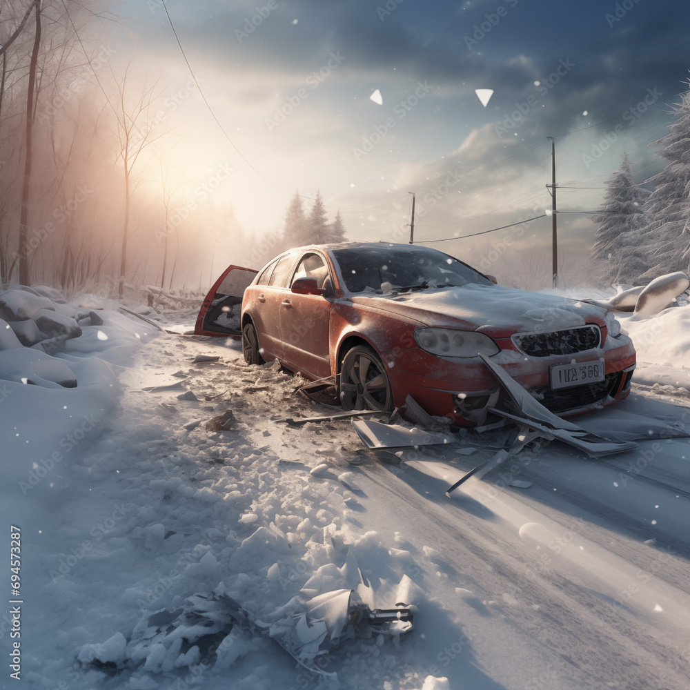  Car accident on the road in winter. Car collision on a snowy road
