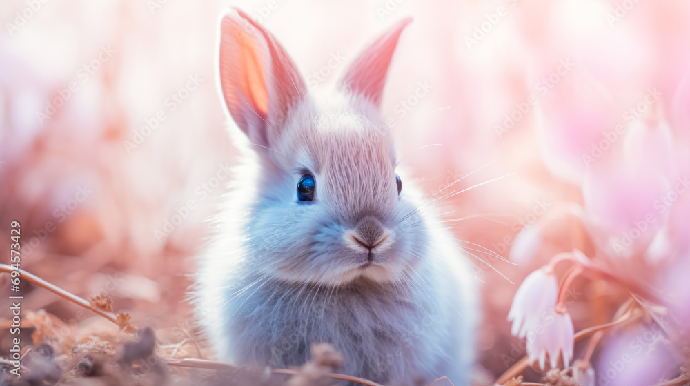 blue-eyed bunny nestled among pink flowers with a soft, glowing background.
