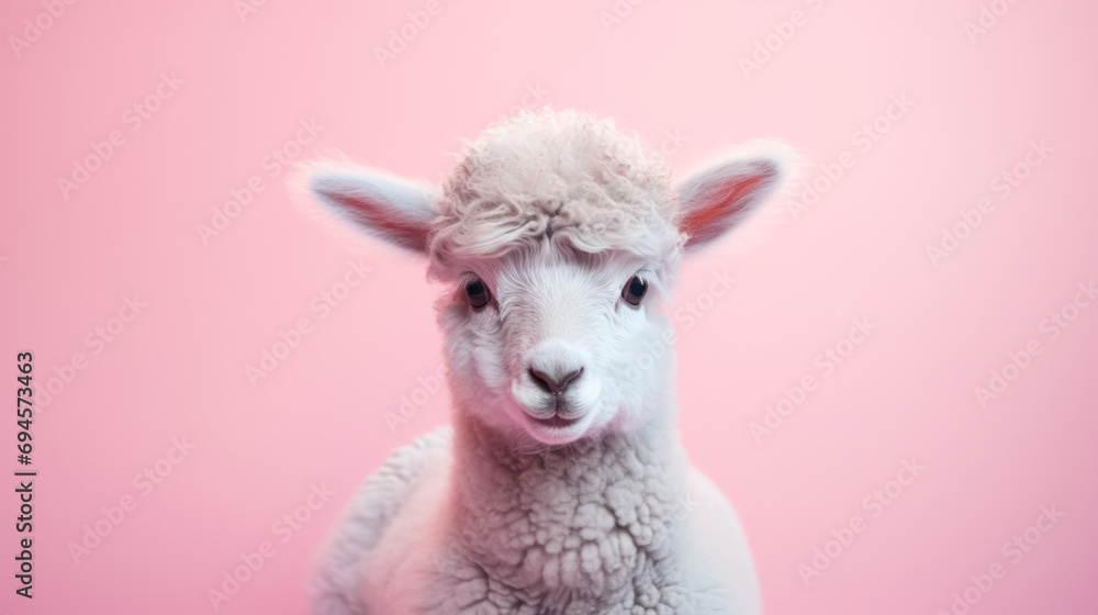 Obraz premium white alpaca with a soft, curly fleece, looking forward with a pink background.