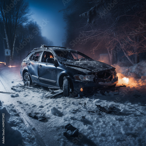 Car accident on the road at night in winter. Car accident on the road.