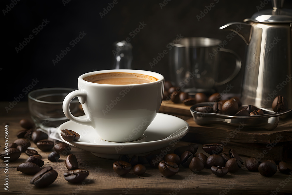 Concept photo of white cup of coffee with beans Concept photo of white cup of coffee with beans