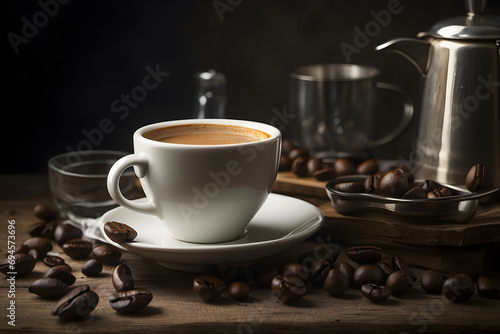 Concept photo of white cup of coffee with beans