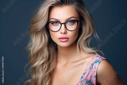 Beautiful young woman with big blond long hair wearing glasses