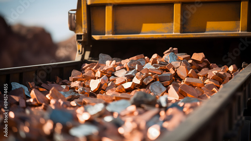 Gros plan sur des minerais de cuivre à l'arrière d'un camion, tout juste extraient d'une mine. photo