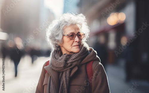 Senior woman walking alone. Elderly lady outside in the city.