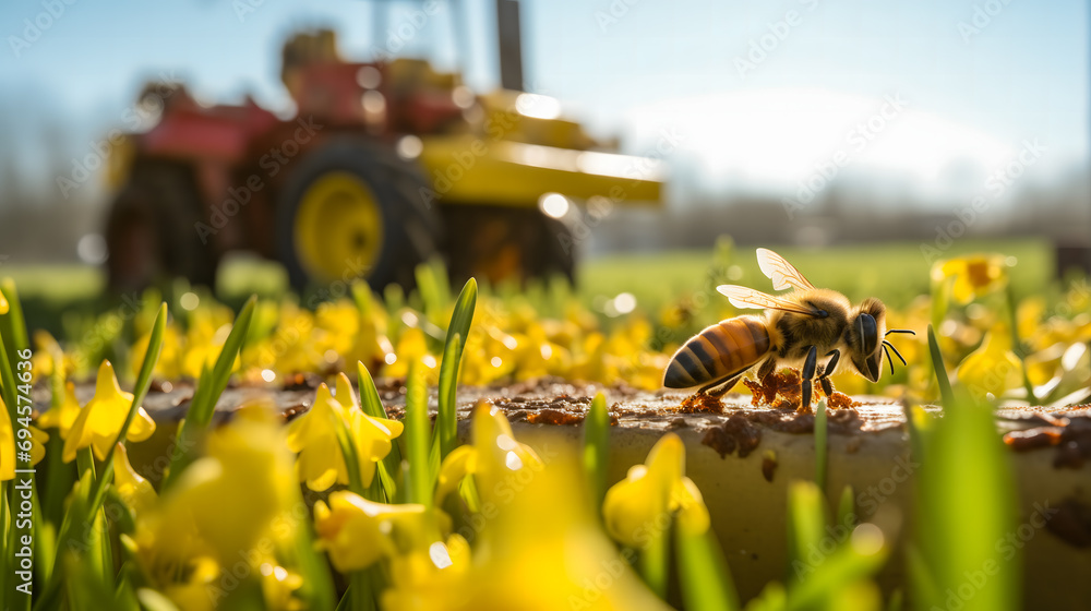 Gros plan sur une abeille en train de butiner des fleurs dans un champ. En arrière plan, un tracteur.  - obrazy, fototapety, plakaty 