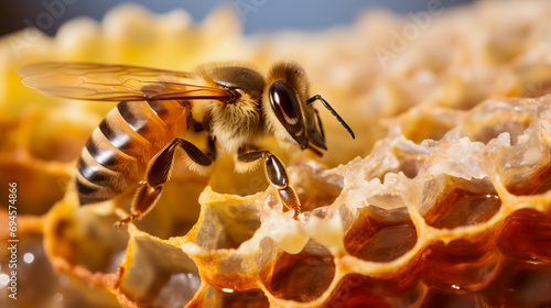 Gros plan sur une jeune abeille dans une ruche. 