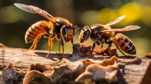 Deux abeilles posées sur un morceau de bois face à face. photo