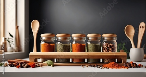 A sleek and modern spice rack with two wooden spoons, each cradling fragrant spices such as cinnamon, cardamom, and cloves -Generative Ai photo