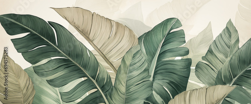 Tropical plants wallpaper design with banana leaves. Jungle background, big leaf plants landscape, green mural art. Musa paradisiaca Linn safari backdrop for copy space  photo