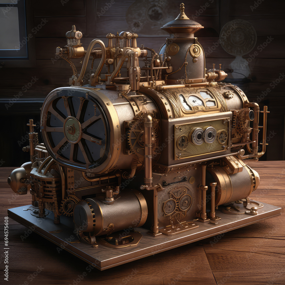 Fototapeta premium Steampunk fantasy iron steam machine on table. Imaginary copper mechanism, futuristic equipment