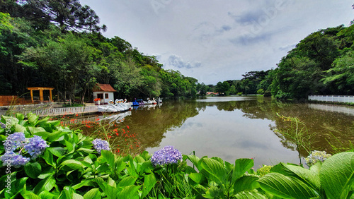 Lake with Swan Pedalinhos, in the Aldeia do Imigrante park in Nova Petrópolis, Rio Grande do Sul, Brazil. photo