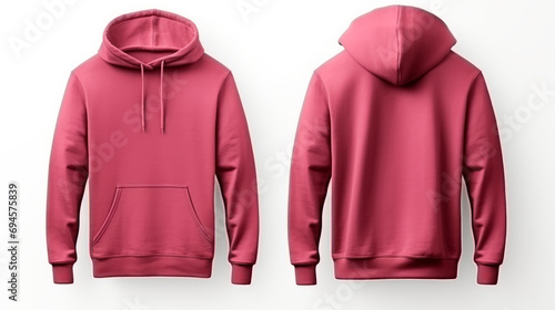 A pink hoodie displayed from the front and back on a white background.