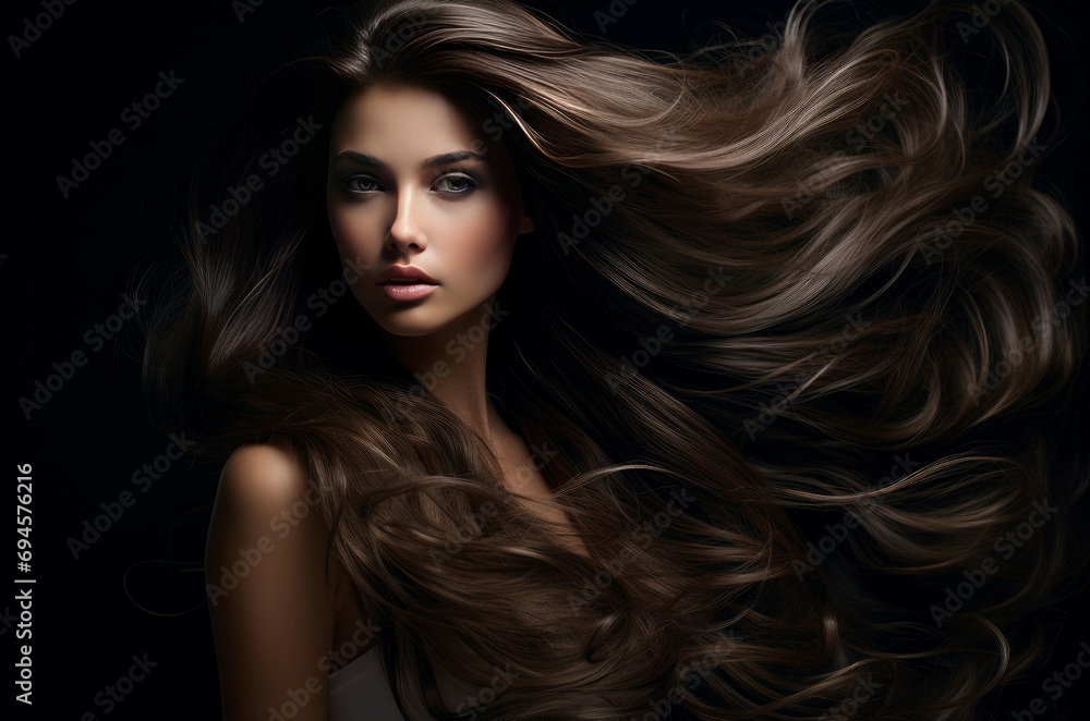 Elegant Beautiful brunette with loose hair. Female portrait with colorful painted face. Generate ai Elegant Beautiful brunette with loose hair. Female portrait with colorful painted face. Generate ai