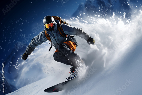 Active male snowboarder riding down mountainside. Extreme sport concept.