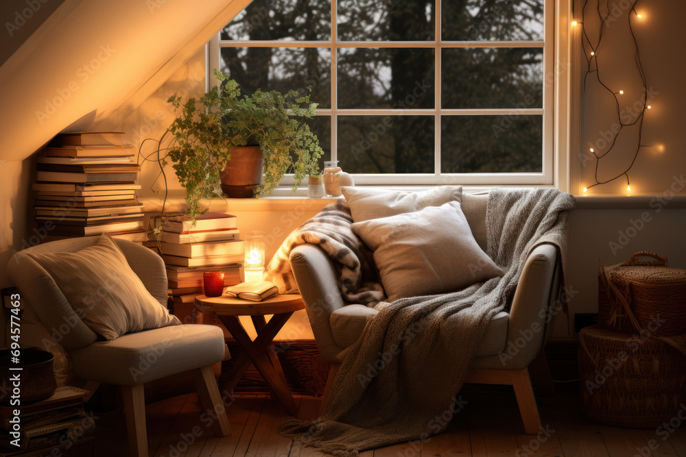 A cozy reading nook with warm lighting, encouraging a habit of daily reading. Concept of cultivating a reading culture at home. Generative Ai. A cozy reading nook with warm lighting, encouraging a habit of daily reading. Concept of cultivating a reading culture at home. Generative Ai.