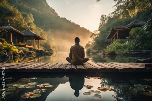 An individual practicing mindful meditation, surrounded by serene nature. Concept of incorporating mindfulness into daily living. Generative Ai. © Sebastian