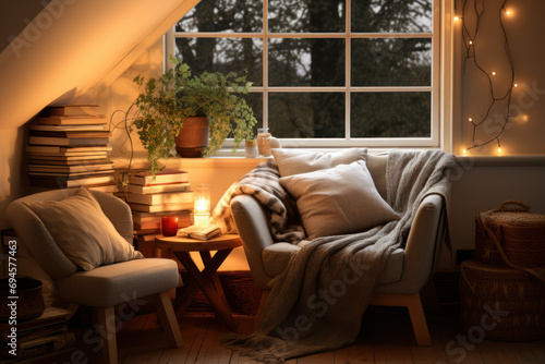 A cozy reading nook with warm lighting, encouraging a habit of daily reading. Concept of cultivating a reading culture at home. Generative Ai.