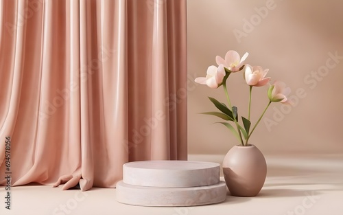 3D display podium beige background with curtain. Pink flower in stone vase. Nature Blossom minimal pedestal for beauty  cosmetic product presentation. Summer and spring copy space template