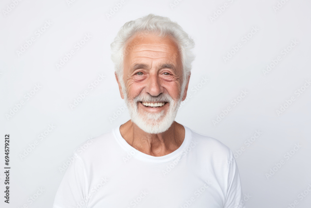 Portrait of senior man with grey hair smiling at camera against grey background Portrait of senior man with grey hair smiling at camera against grey background
