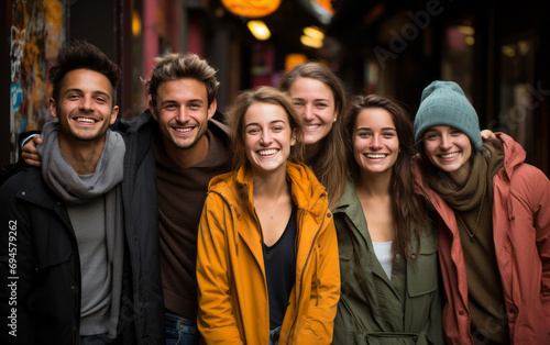 Group of friends smiling and looking at camera in a shopping street. © koala studio
