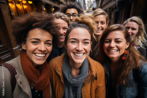 Group of young smiling people standing in a row in a pub.