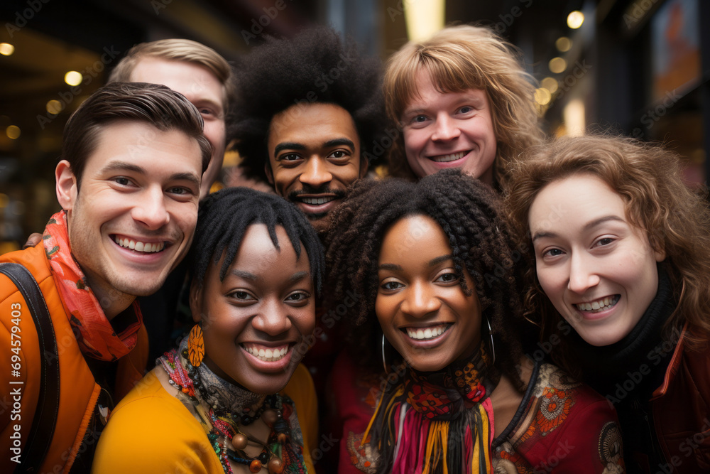 Portrait of a group of happy young people standing in the street. Portrait of a group of happy young people standing in the street.