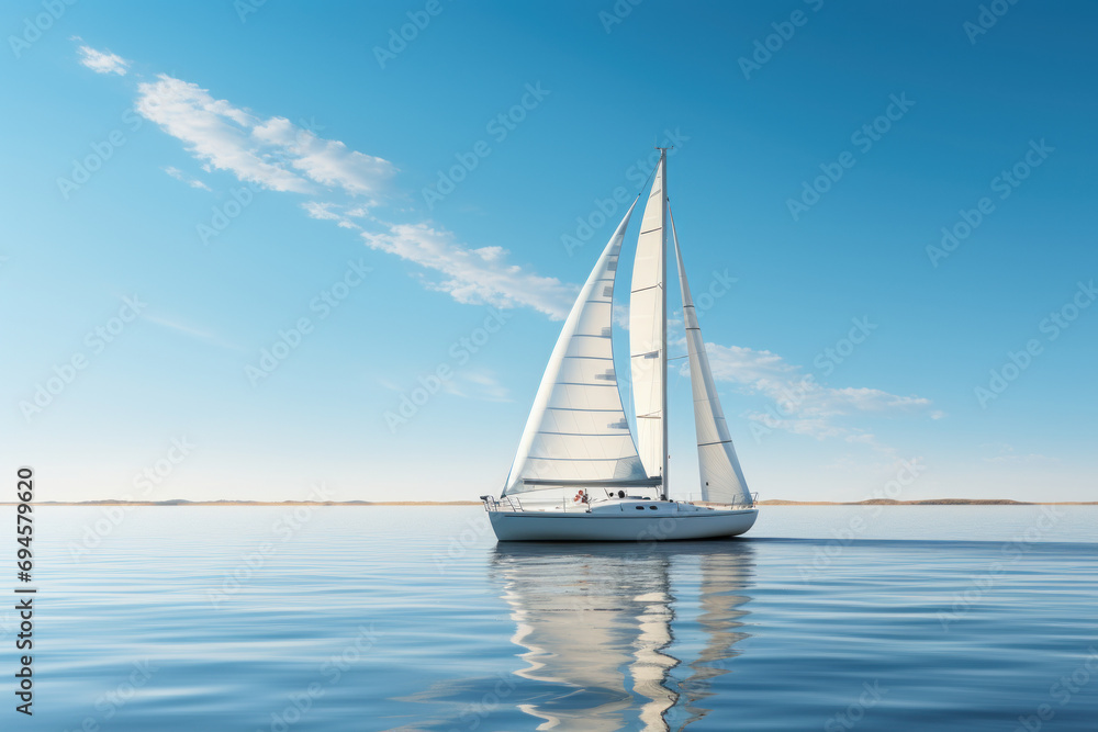 A white sailboat gliding smoothly on calm waters, capturing the serenity of sailing against a clear sky. Generative Ai.