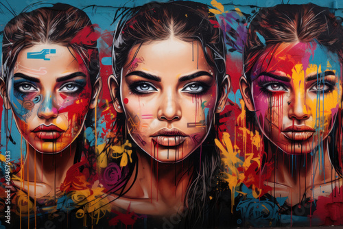 Vibrant graffiti on a city wall featuring empowering messages and colorful depictions of diverse girls, promoting unity and strength. Generative Ai.