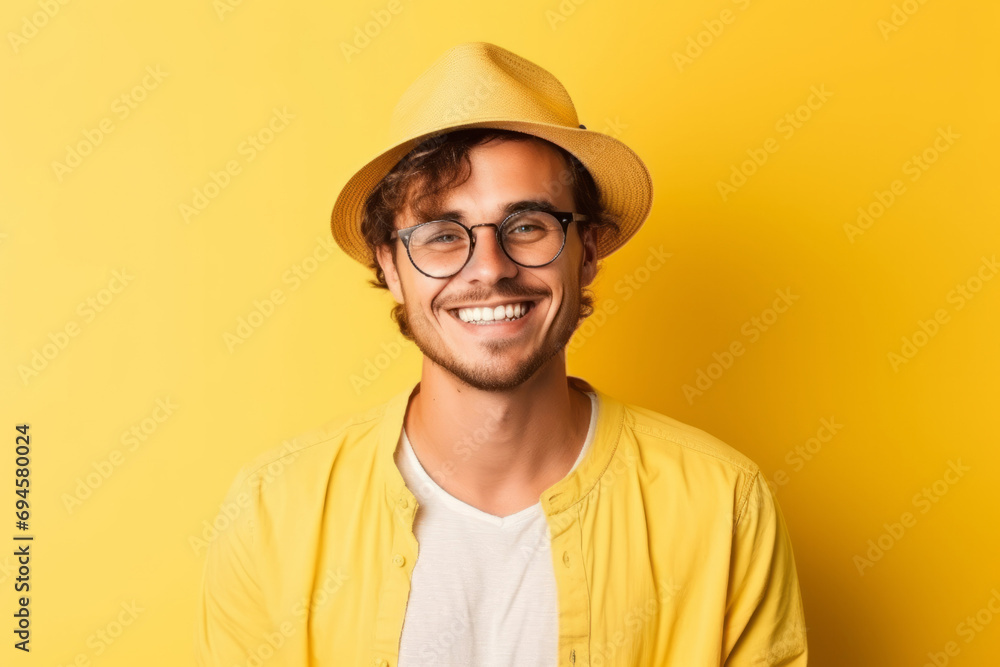 Cheerful young man in yellow hat and glasses on yellow background Cheerful young man in yellow hat and glasses on yellow background