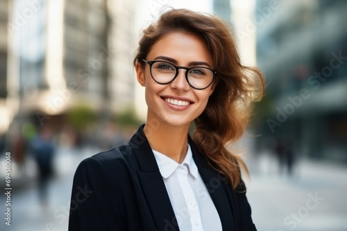 business, education and office concept - smiling businesswoman in eyeglasses over office background © koala studio