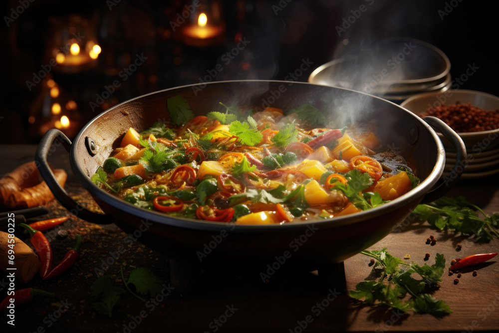 A steaming bowl of vegetable curry with aromatic spices, showcasing the richness and diversity of global cuisines. Generative Ai. A steaming bowl of vegetable curry with aromatic spices, showcasing the richness and diversity of global cuisines. Generative Ai.
