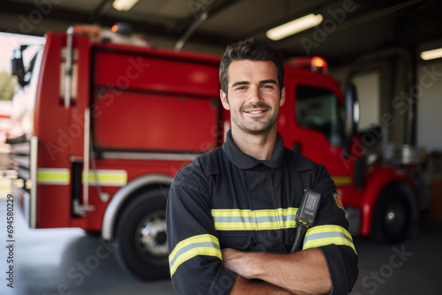 Portrait of smiling fireman standing in front of firetruck