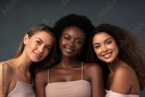 Group of diverse women standing together and smiling at camera over grey background