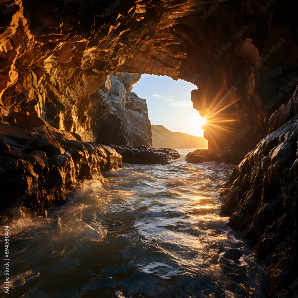 waterfall in the middle of a tropical jungle, Majestic waterfall surrounded by lush foliage with the warm hues of golden hour, Generative AI, Beautiful view of the cave with sunset over the ocean, 


