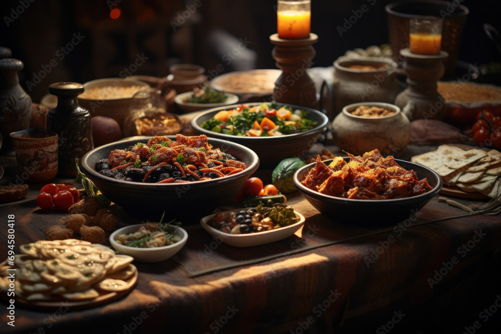 A festive table setting with an assortment of traditional dishes from around the world, celebrating cultural diversity and culinary exploration. Generative Ai.