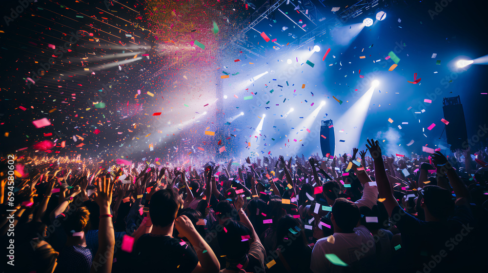 Vibrant concert scene, large enthusiastic crowd, diverse ethnicity, various ages, cheering, waving hands, confetti