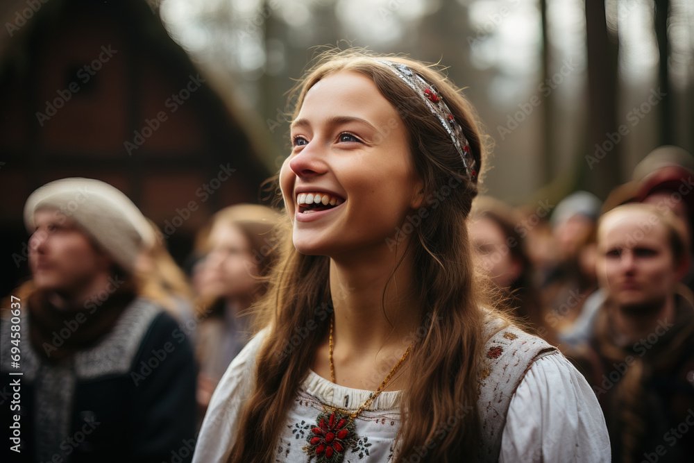 Joyful young woman in traditional clothing smiles at a cultural festival, surrounded by a blurred crowd outdoors. Joyful young woman in traditional clothing smiles at a cultural festival, surrounded by a blurred crowd outdoors.