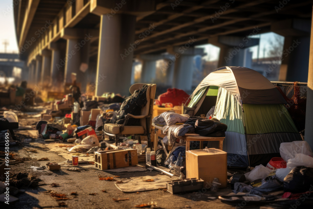Obraz premium A makeshift shelter beneath a bridge, fashioned from discarded materials, portraying the resilience and resourcefulness of those facing homelessness. Generative Ai.