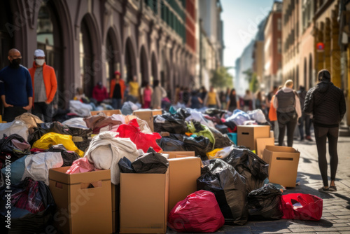 A pop-up clothing drive in the city center, highlighting the importance of meeting basic needs for those facing homelessness. Generative Ai.