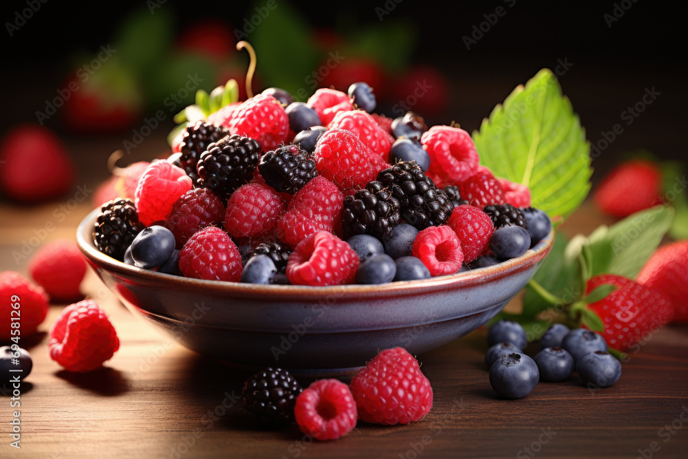 A bowl of freshly picked berries, highlighting the antioxidant-rich nature of these small but powerful fruits. Concept of health-conscious eating. Generative Ai. A bowl of freshly picked berries, highlighting the antioxidant-rich nature of these small but powerful fruits. Concept of health-conscious eating. Generative Ai.
