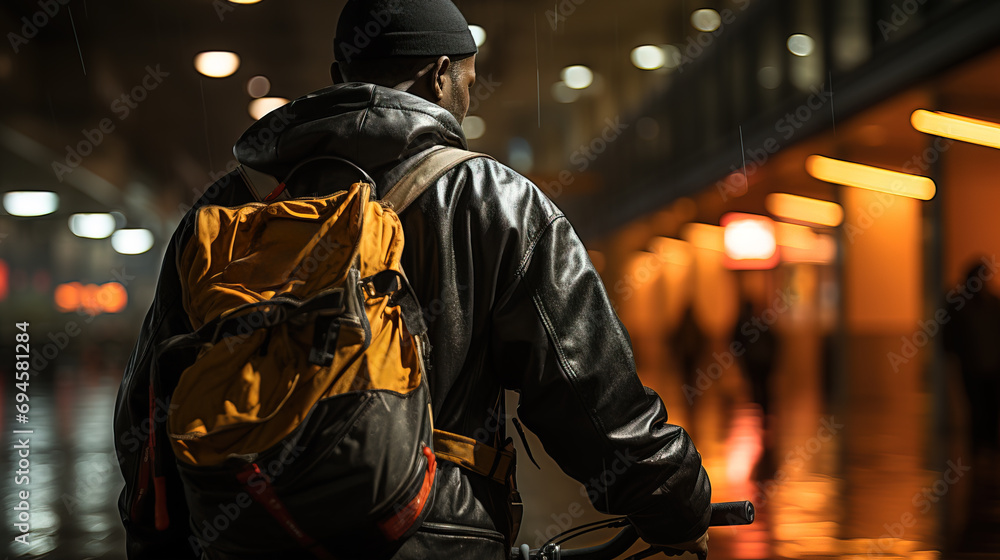 Rear view of a man with a backpack on a bicycle in a city street at night, illuminated by glowing street lights. Rear view of a man with a backpack on a bicycle in a city street at night, illuminated by glowing street lights.