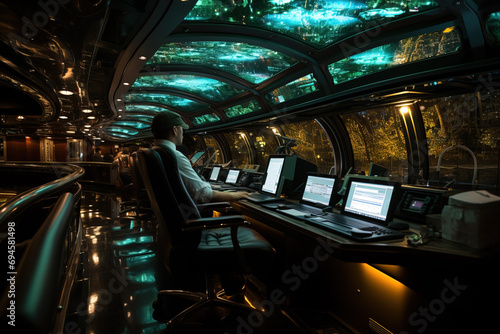 A man operates computers in a futuristic underwater control room with panoramic subsea views. photo