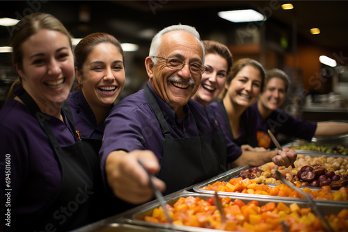 Cheerful culinary team posing behind a food counter in a restaurant, with a senior chef in the foreground.