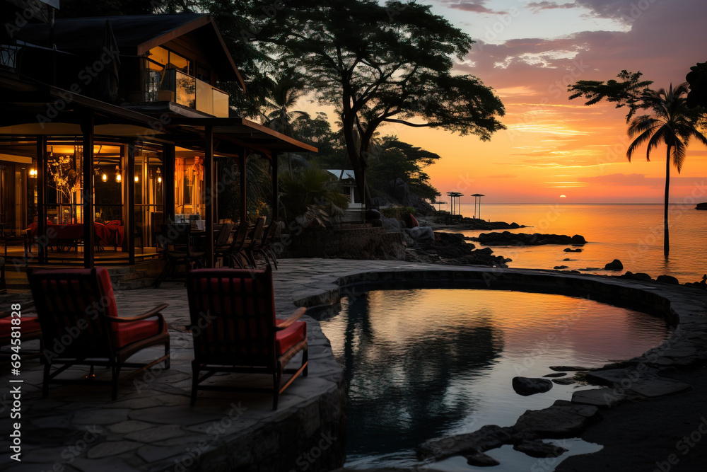 Fototapeta premium Luxurious seaside resort with infinity pool at sunset, warm lights reflecting on water, and tranquil atmosphere.