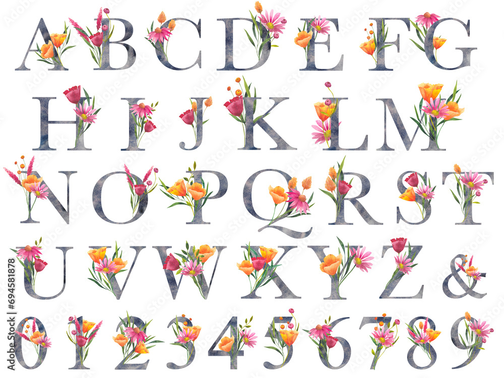 Letters and numbers with watercolor wildflowers. Floral alphabet, isolated with botanical bouquet. monogram initials perfectly for wedding invitation, birthday, greeting card and other design
