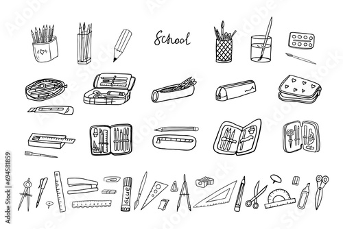 Big cute set of school supplies. Pencil cases, scissors, glue, pencil, eraser, pen, ruler, paper clips, compasses, brushes, paints. Back to school. Good for posters, stickers, professional design 
