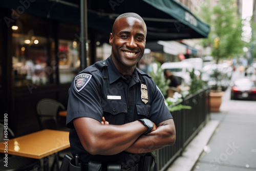Portrait of happy african american police officer standing on street