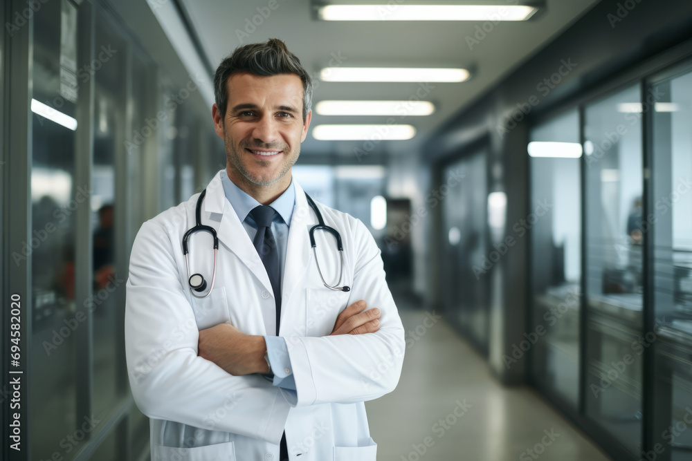 Portrait of smiling male doctor with stethoscope in hospital corridor Portrait of smiling male doctor with stethoscope in hospital corridor
