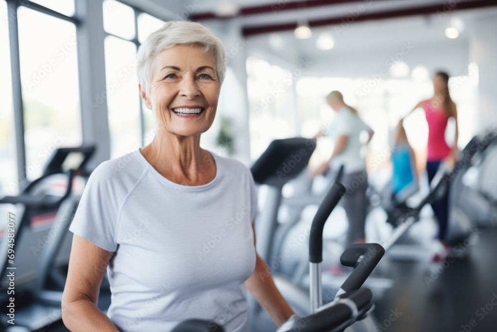 Portrait of smiling senior woman standing on treadmill in fitness center and looking at camera Portrait of smiling senior woman standing on treadmill in fitness center and looking at camera